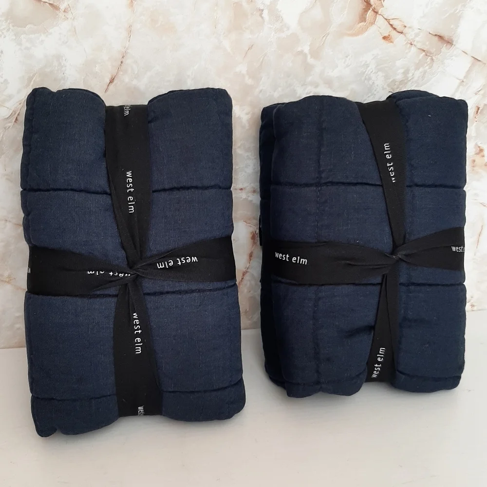 West Elm Belgian Flax Linen Frayed Edge King Quilted Shams Midnight Blue